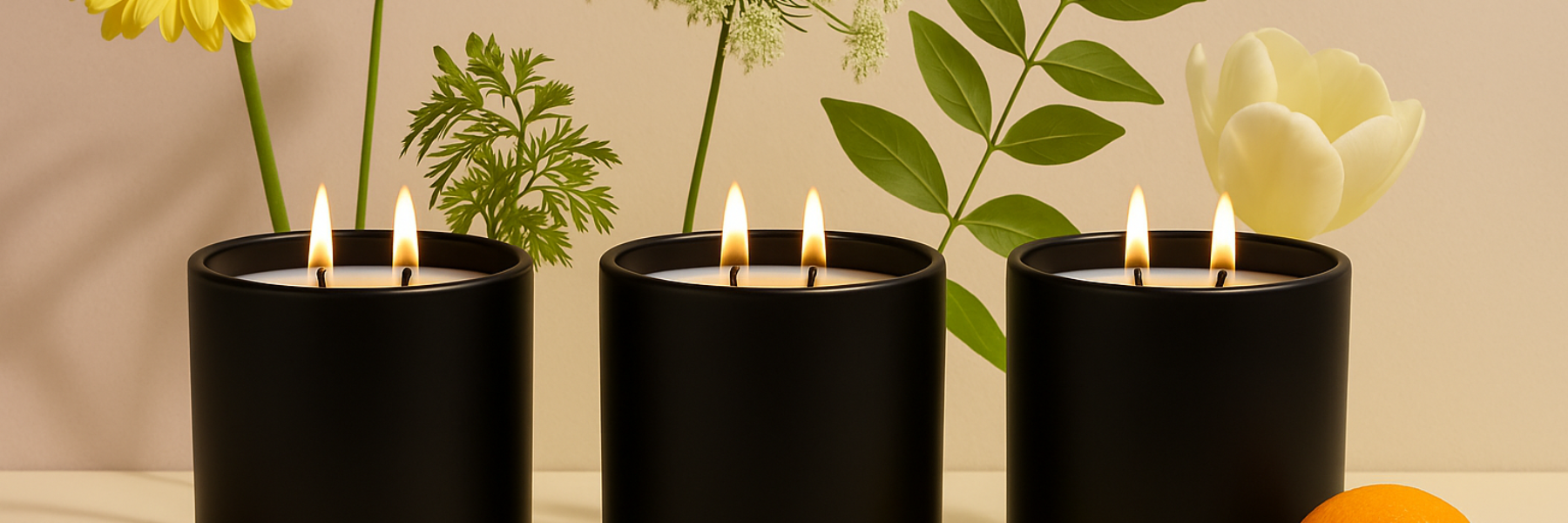 Three black candles with lit wicks sit in a row, surrounded by yellow and white flowers and green leaves against a beige background.