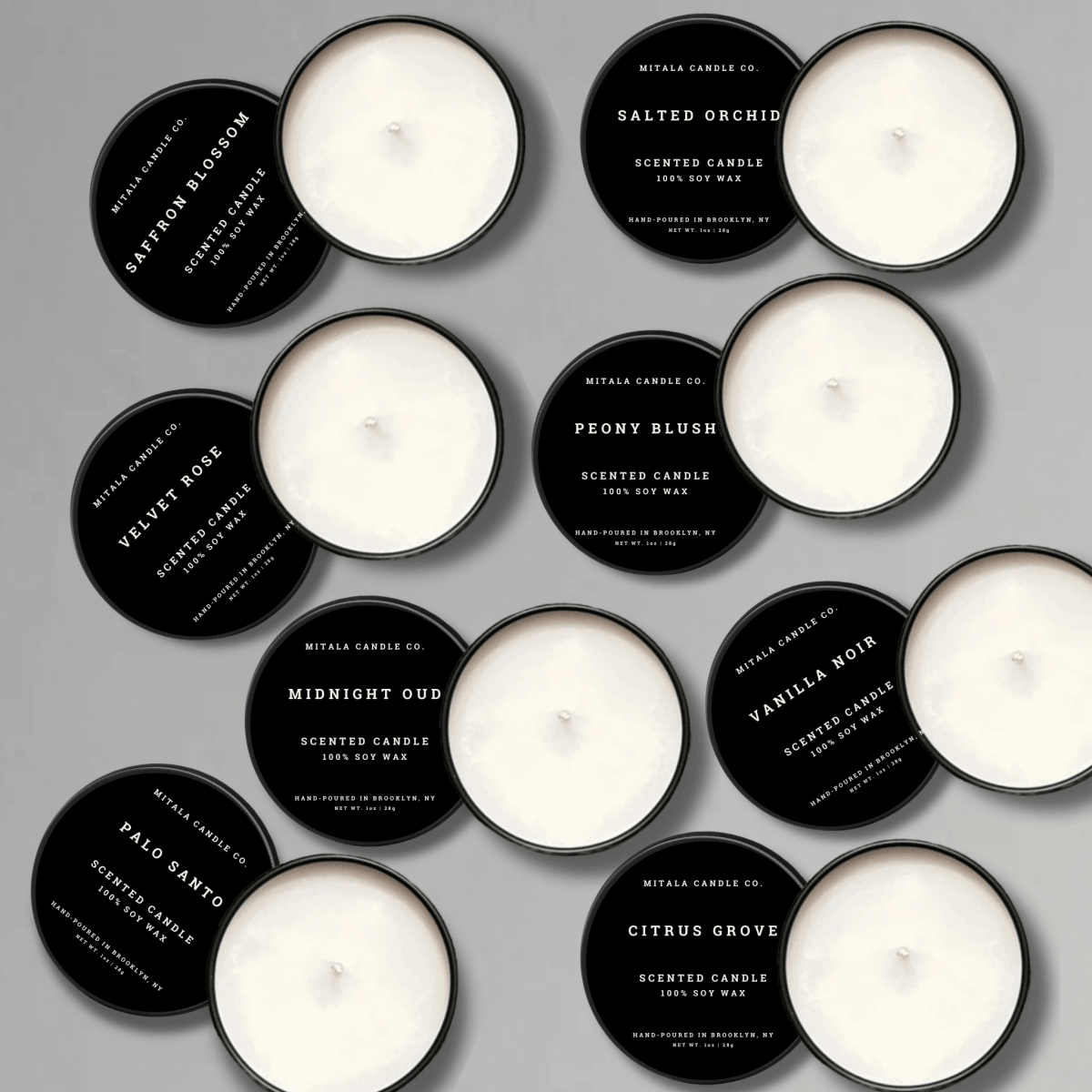 Assorted luxury handcrafted soy wax sample candles from Mitala Candle Co., perfect for gifting.