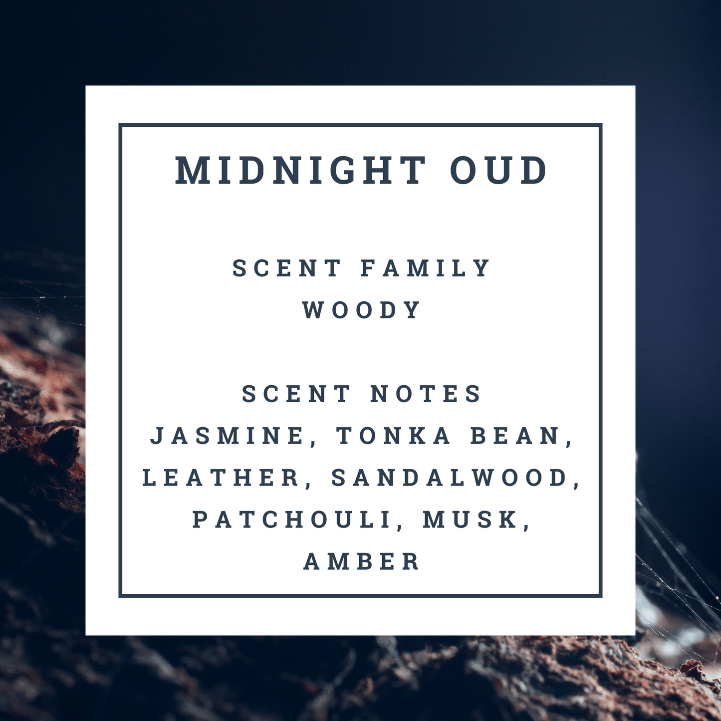 Text detailing the scent of 'Midnight Oud' with a dark background
