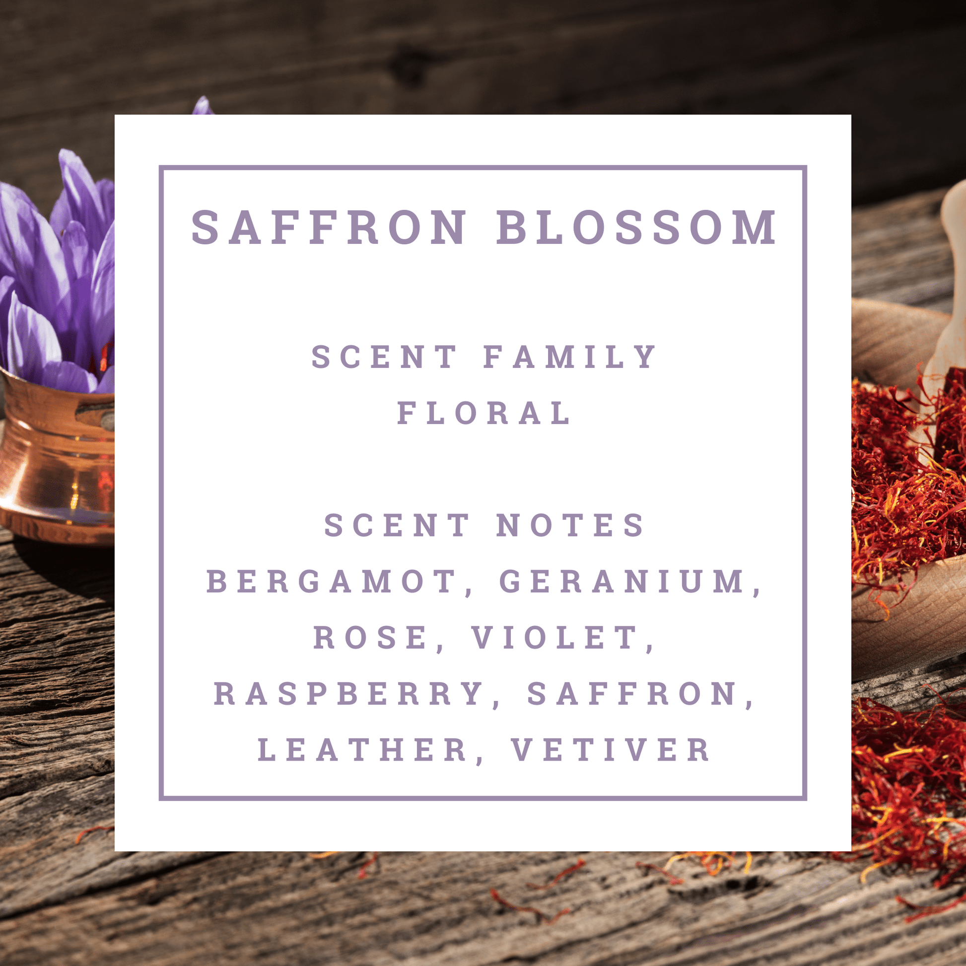 Saffron blossom with saffron strands on a wooden background, featuring scent information.