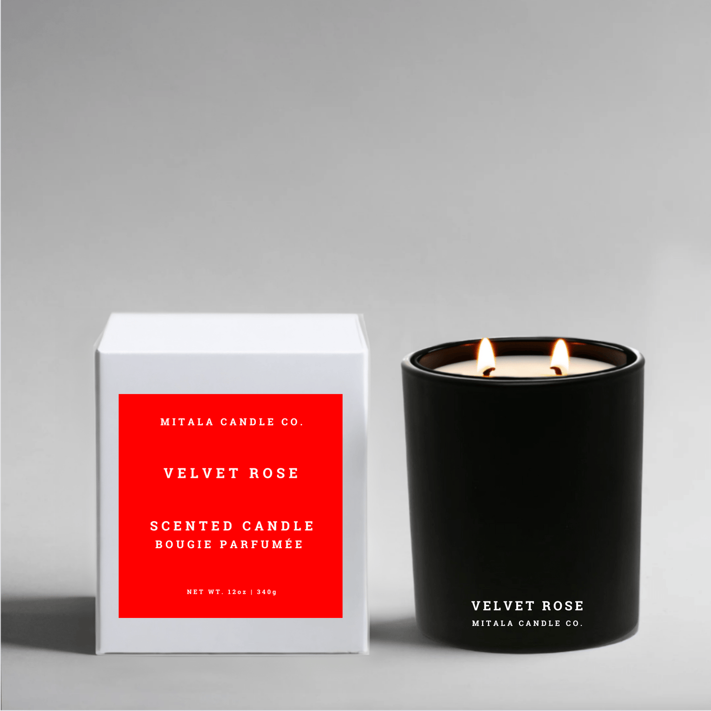 luxury soy wax candlein scent 'Velvet Rose'with white gift box on a gray background