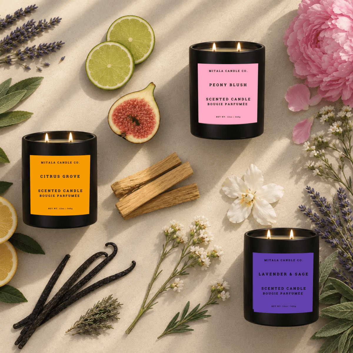 Three matte black scented candles from Mitali Candle Co. arranged in a styled flat lay with botanical and fruit props on a light beige background.