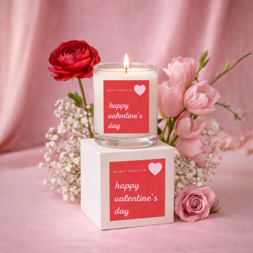 Valentine's Day candle with a pink label and flowers on a pink background