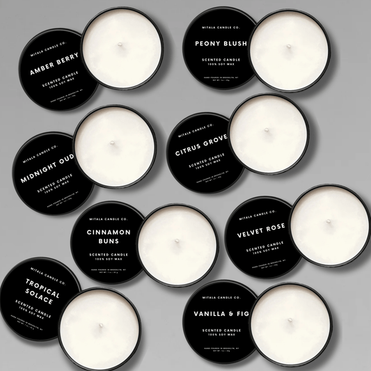 Assorted luxury handcrafted soy wax sample candles from Mitala Candle Co., perfect for gifting.