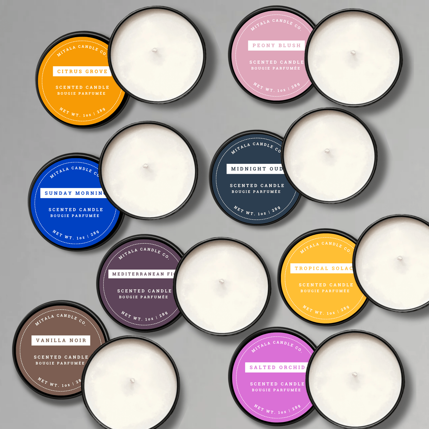 Assorted mini luxury handcrafted soy wax sample candles by Mitala Candle Co., ideal for gifting or home decor