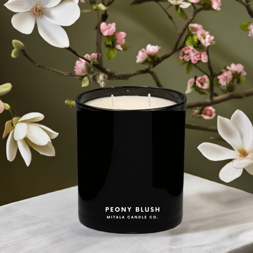 Mitala Candle Co. Peony Blushhand-poured scented candle with floral & fresh notes, in a black glass jar for a luxury home fragrance.