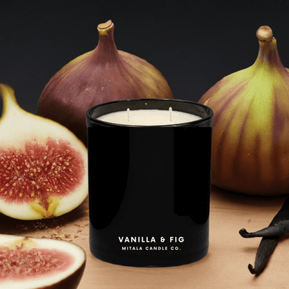 Mitala Candle Co. Vanilla & Fig hand-poured scented candle with sweet * gourmand notes, in a black glass jar for a luxury home fragrance.