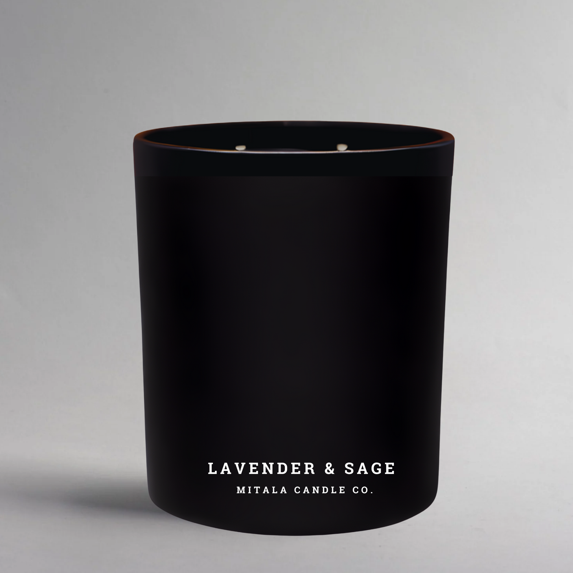Lavender & Sage 12oz soy candle with lavender, chamomile, sage, and cedar. Luxury hand-poured herbal candle in black jar by Mitala Candle Co.