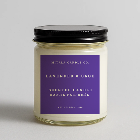 Mitala Candle Co. Lavender & Sage scented candle with black lid, 7.5oz, on gray background
