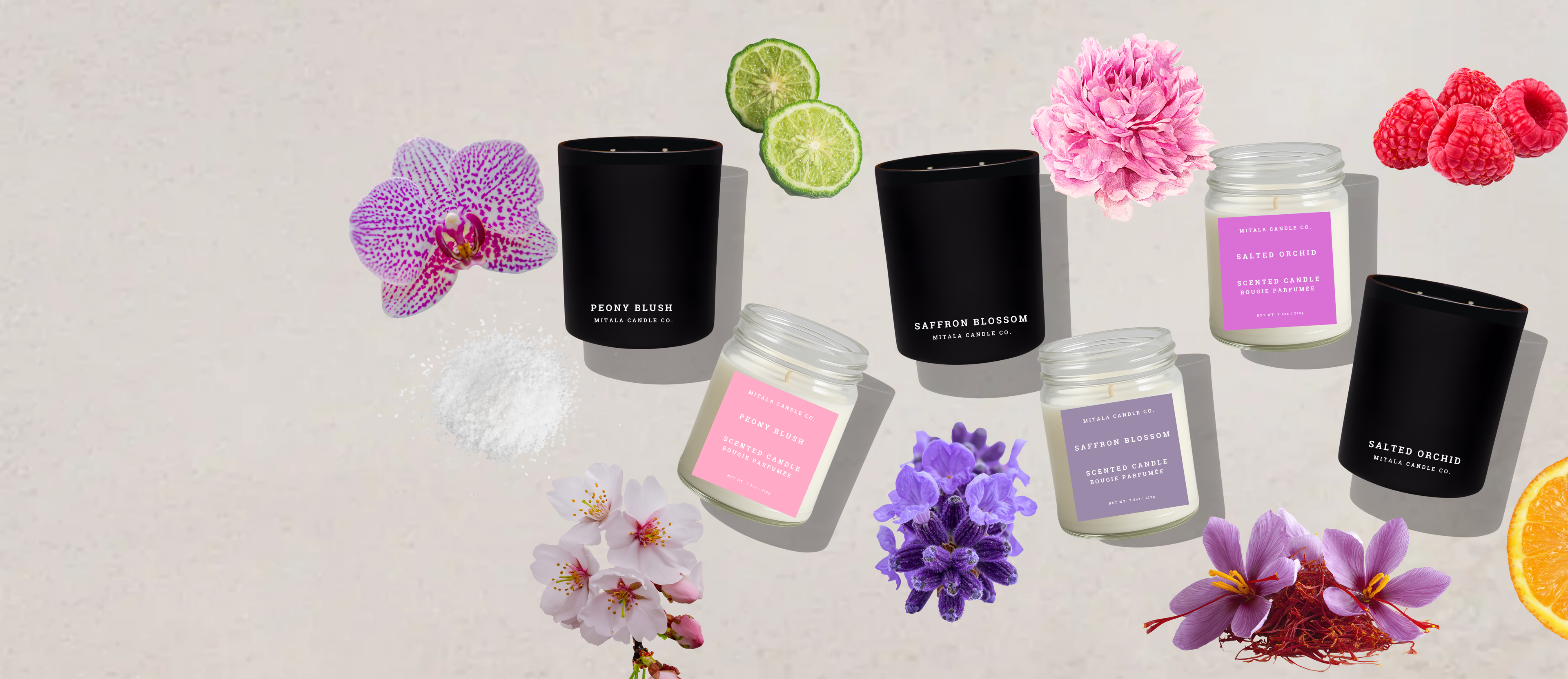 Mitala Candle Co. spring candles Peony Blush, Saffron Blossom, and Salted Orchid styled with florals and fruit on neutral background.