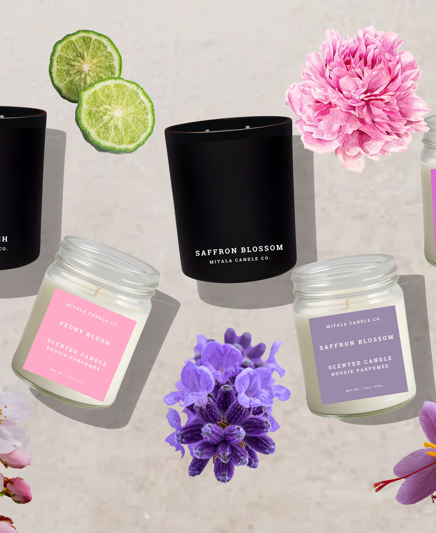 Mitala Candle Co. spring candles Peony Blush, Saffron Blossom, and Salted Orchid styled with florals and fruit on neutral background.