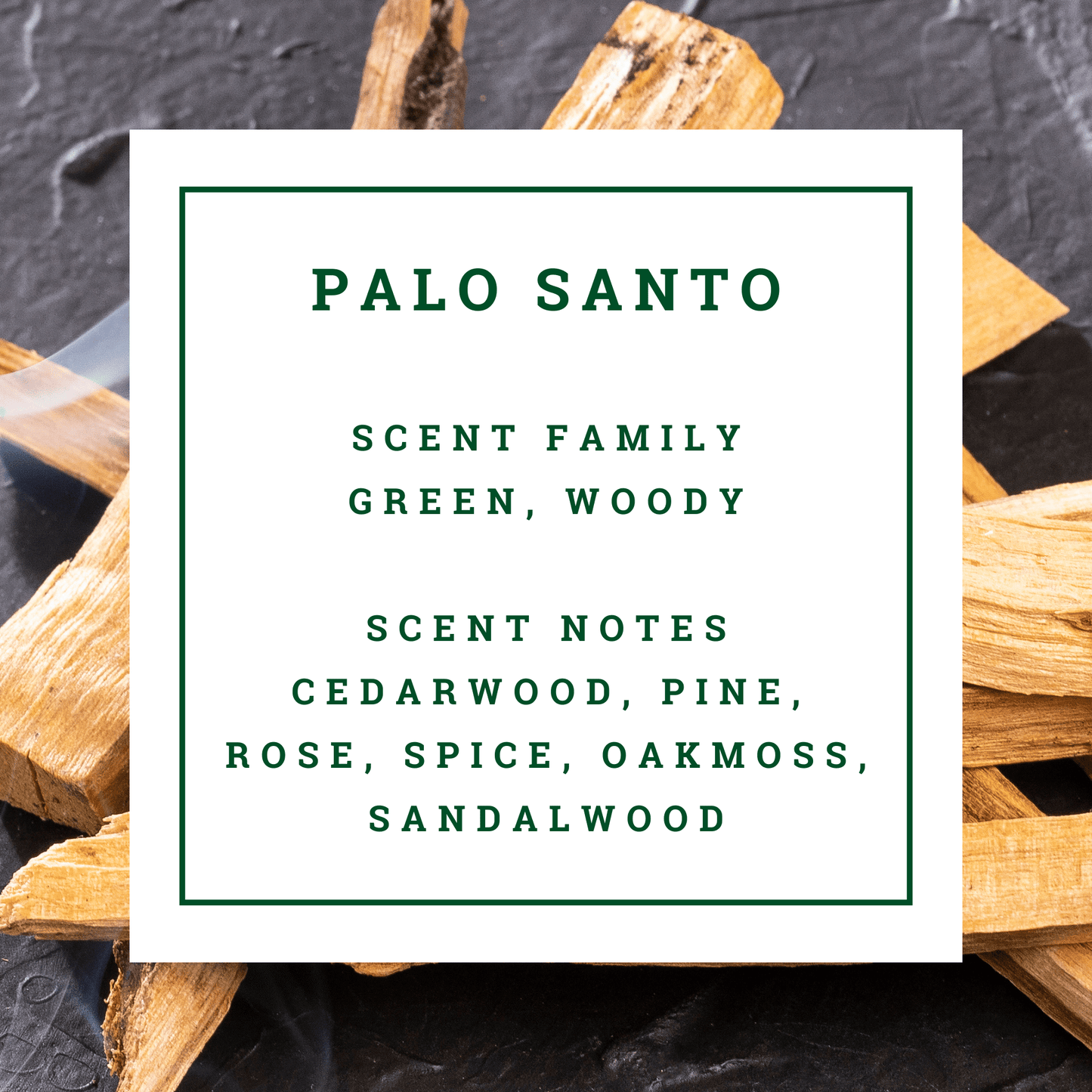 Mitala Candle Co. Palo Santo scented candle text overlay with Palo Santo sticks illustrating fragrance notes