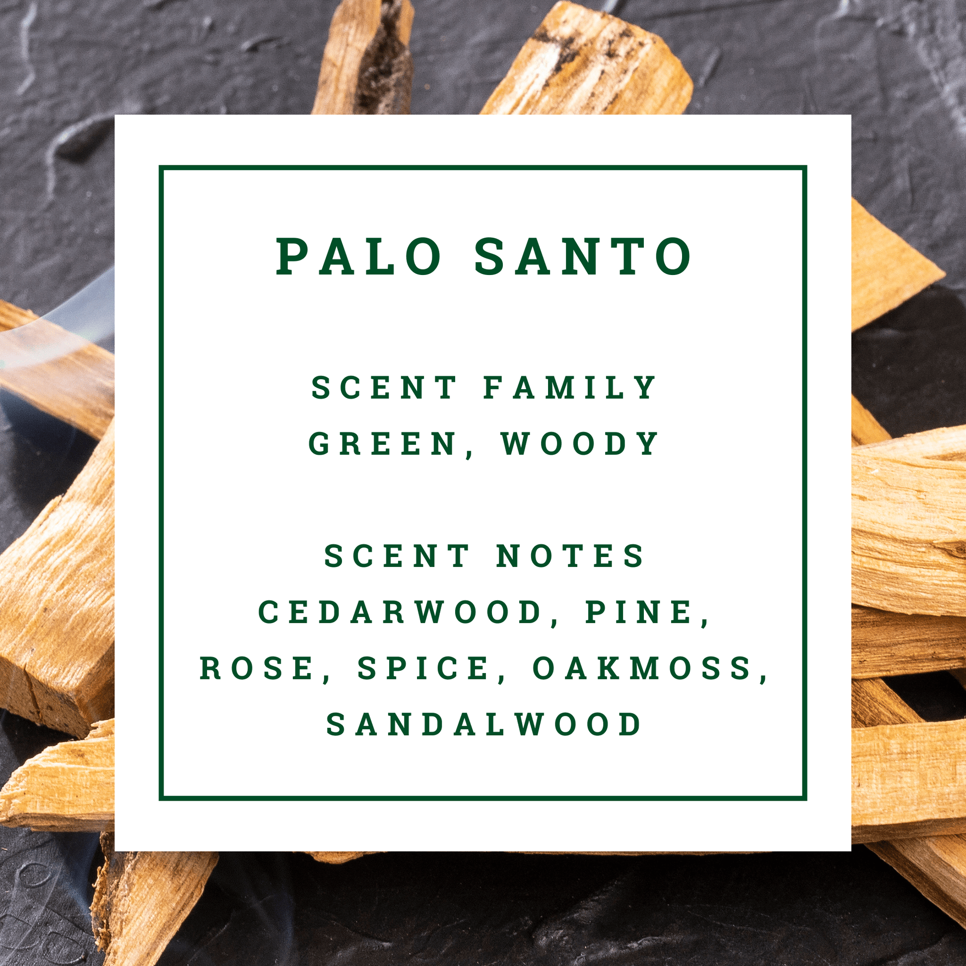 Mitala Candle Co. Palo Santo scented candle text overlay with Palo Santo sticks illustrating fragrance notes