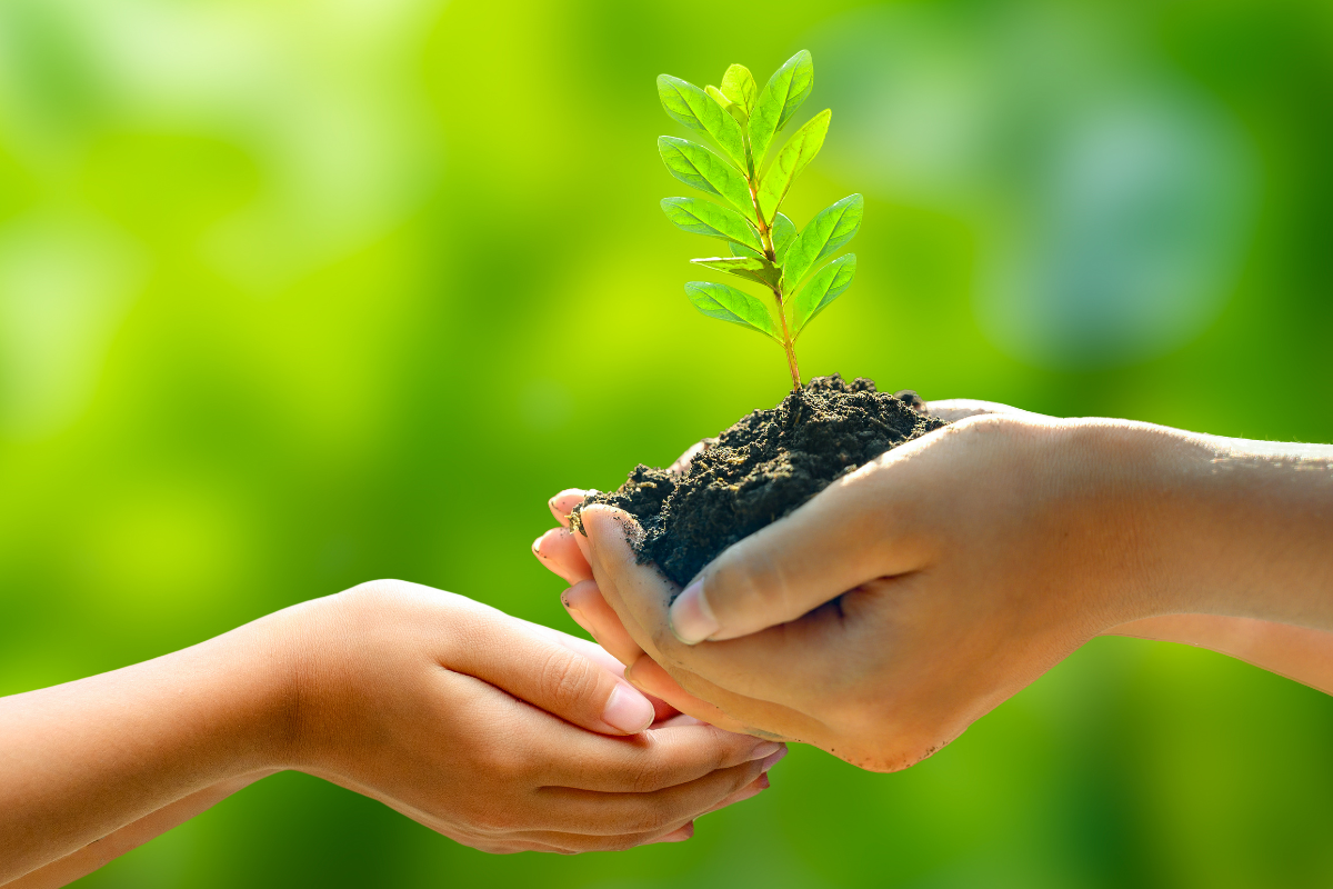 Two hands hold a small plant with soil, while a third hand reaches out below, against a blurred green background. The image symbolizes nurturing, growth, care, and environmental conservation.
