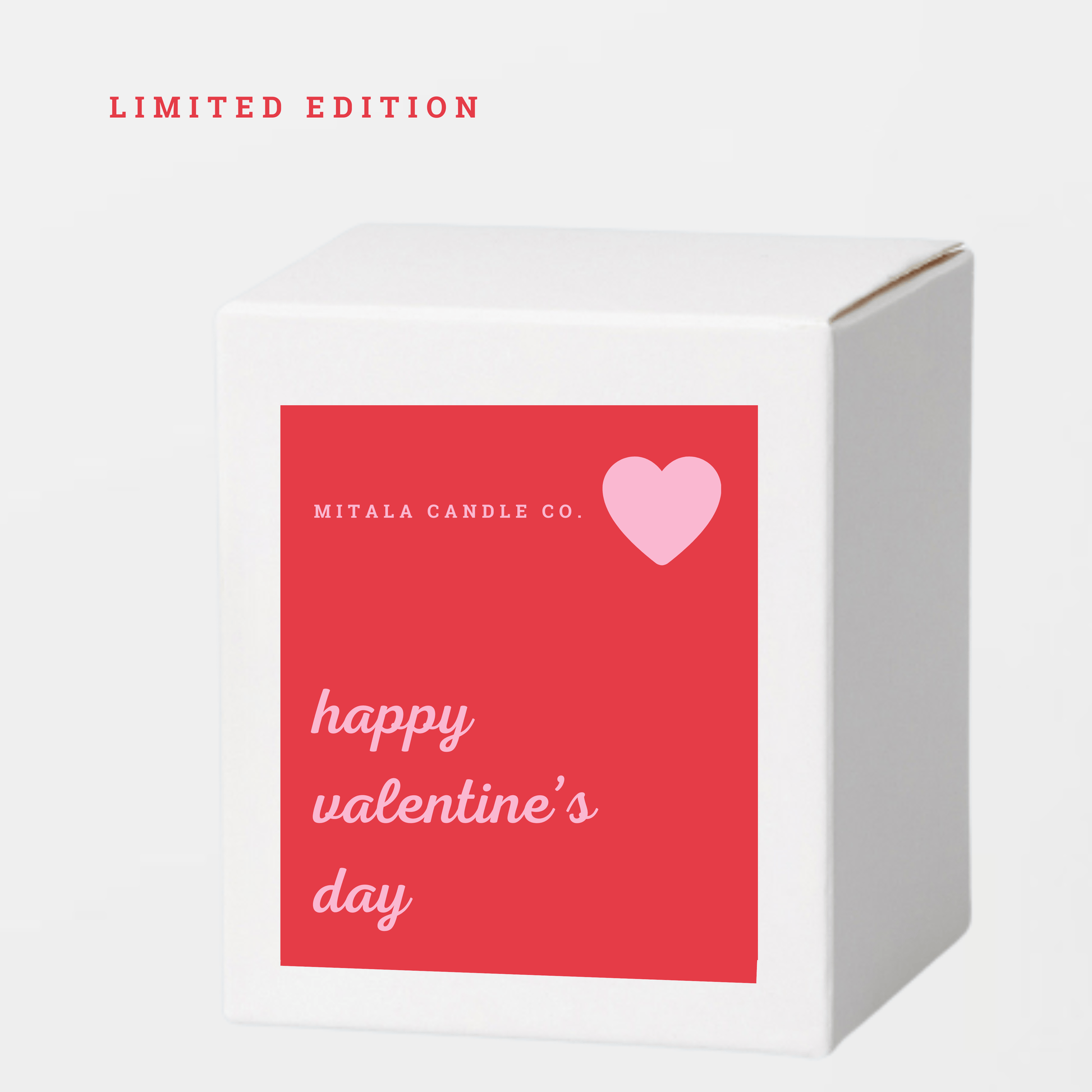 Mitala Candle Co. Valentine's Day candle packaging with a pink heart and text on a white background