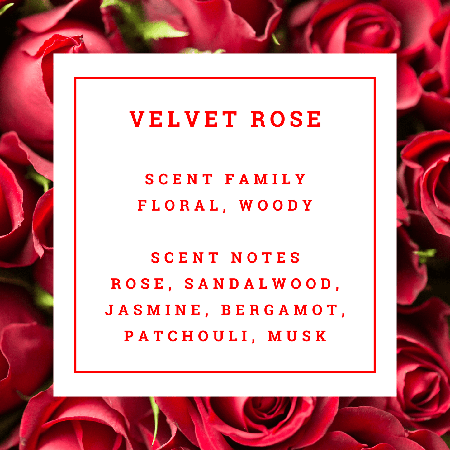 Mitala Candle Co. Velvet Rose scented candle text overlay with red roses showing fragrance notes and product details